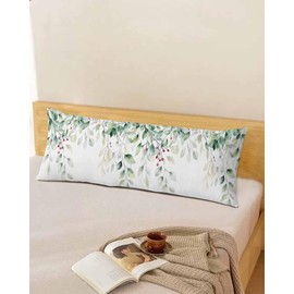 Eucalyptus Leaves Body Pillow Cover 20x54, Spring Botanical Decorative Pillowcase with Zipper, Pastoral Watercolor Microfiber Pillow Protector, Soft Breathable Long Lumbar Pillowcases for Women
