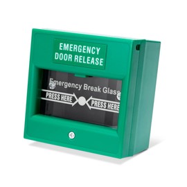 SecureMyDoor Emergency Door Release Break Glass Call Point | Green Plastic Surface Mount | Double-Pole Manual Override for Magnetic Locks Access Control | Ideal for Commercial & Residential Buildings