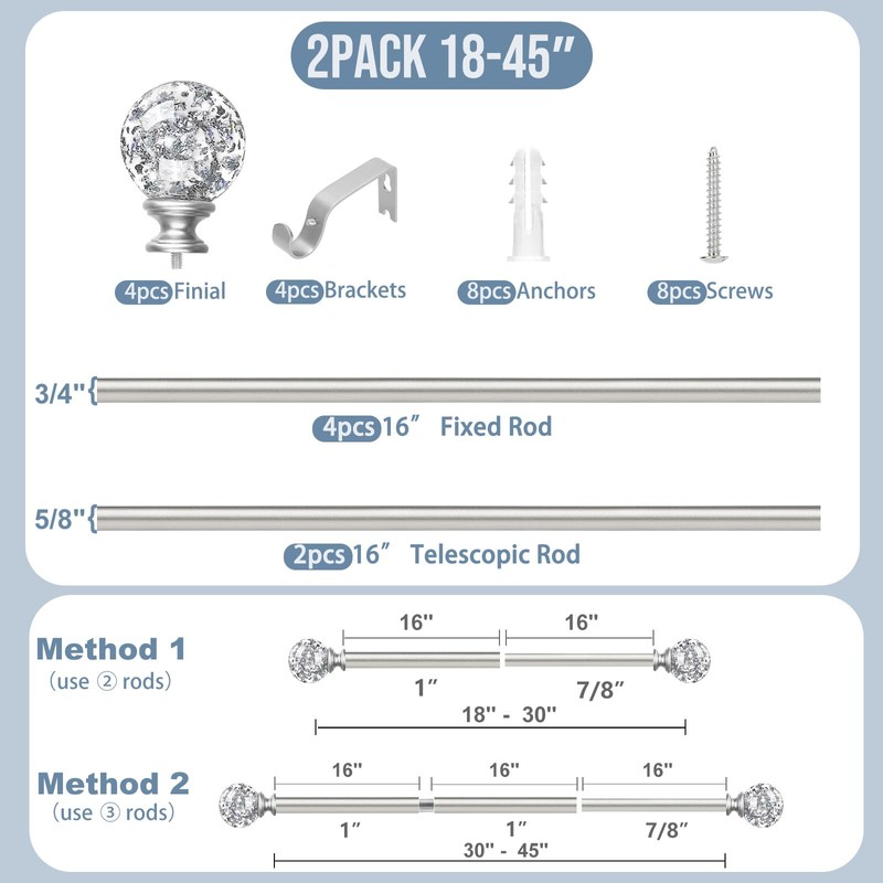TVWOO Silver Decorative Crystal Curtain Rods 2 Pack:18-45"Heavy Duty Adjustable