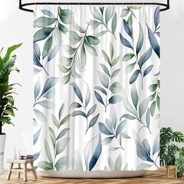 YOZSLGU Sage Green Leaves Shower Curtain Watercolor Blue Green Plant Botanical Minimalist Modern Fabric Bathroom Decor Curtains Set with Hooks, 70"x70"