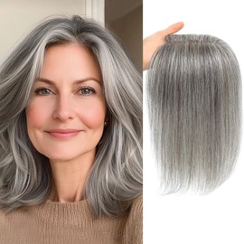 meralona Hair Toppers for Women Real Human Hair Swiss Lace Base Hand-Tied Invisible Hairpiece for Thinning Gray Coverage, Breathable Lightweight Topper with Easy Clip（Mixed Light Grey）