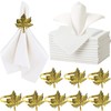 White Satin Napkins and Gold Maple Leave Napkin Rings Set