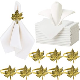 White Satin Napkins and Gold Maple Leave Napkin Rings Set of 10, 20"x20" Large Silky Cloth Napkins, Square Satin Napkins, Elegant Table Napkins Set for Restaurant Banquet Wedding