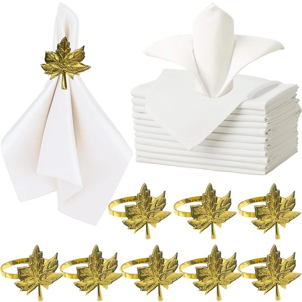 White Satin Napkins and Gold Maple Leave Napkin Rings Set