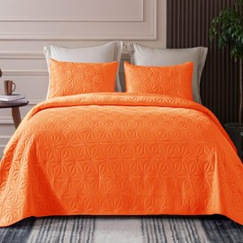 Whale Flotilla King Quilt Bedding Set, Soft Orange Bedspreads Quilts King Size for All Seasons, 3 Pieces Lightweight Geometric Star Pattern Coverlet