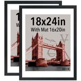 VCK 18x24 Frame 2 Pack, Solid Wood Poster Frame Black, Display Picture 16x20 with Mat or 18x24 without Mat, Horizontal and Vertical Formats with Included Hanging Hardware