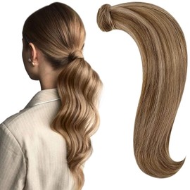 Runature Real Hair Braid Extensions, Blonde with Golden Blonde, Ponytail Extensions, Real Hair, 30cm, Braid Hair Extension Straight Hair, #10P16, 70g