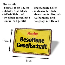 Tin Sign Drunk Society - Funny Decorative Notice Metal Sign with Cord and Suction Cup - Funny Decoration Bar Pub Party Stammtisch Sauf Trink Spiele - Party Alcohol Accessories - 18 x 12 cm