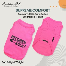 Parisian Pet Dog Tshirt - Embroidered “ B*tches Rules“ Dog Shirt - 100% Cotton and Lightweight Funny Dog Clothes - Sleeveless Dog Tee Shirts - Machine Washable Dog Shirts for Small Dogs - S