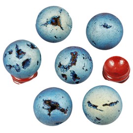TUMBEELLUWA Druzy Agate Geode Gemstone Titanium Coated Aura Quartz Healing Crystal with Wood Stand Home Decoration,Sphere Ball Shape,Light Blue