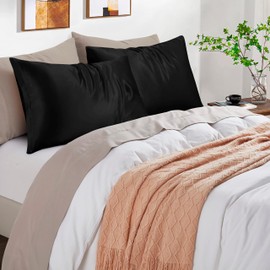 Satin Cushion Cover Bed 50 x 90 cm - Satin Cover Protects Skin and Hair - Super Soft and Hypoallergenic - Set of 2 Cushion Covers with Zip - Black