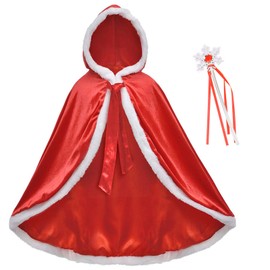 Princess Cape Fur Red Hooded Cloak Girls Warm Christmas Costumes Dress up for 2-4 4-6 Toddler Kids with Snowflake Wand