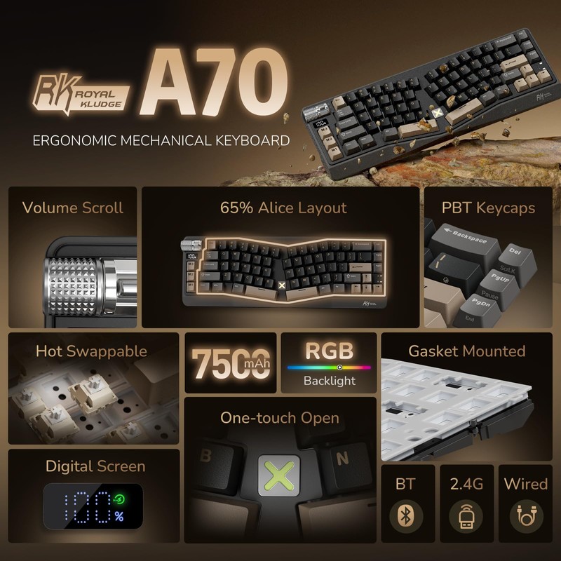 RK ROYAL KLUDGE A70 Wireless Ergonomic Keyboard, Alice Split Mechanical