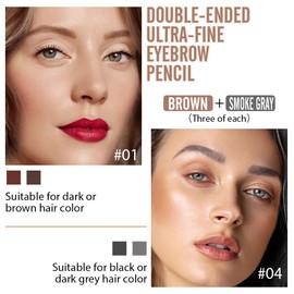 6 Pcs Dual-Sided Fine Tip Eye Brow Pencils Pack,Ultra-Fine Mechanical Pencil,Draws Tiny Brow Hairs, Defines, Fills Eyebrows, Shapes, Contours, Combs, (3*Brown+3*Grey)
