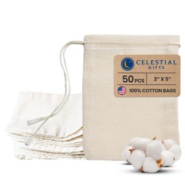 Celestial Gifts Muslin Bags - Drawstring - Small 50pcs - 3x5, Reusable Tea Bags, Jewelry Gift, Spice and Cotton Gift Sachet - 100% Cotton - Made in USA - (Natural Hem & Drawstring)