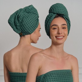 KOSMU Hair Towel | 100% Cotton Silk Hair-Drying Waffle Wrap Turban for Women, Ultra-Absorbent, Anti Frizz, Hair Damage Protection for Straight and Curly Hair (Forest Green, Set of 1)