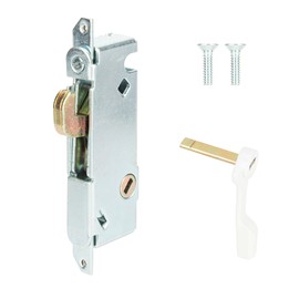 SANKINS Mortise Lock with White Latch Lever, Adjustable Spring-Loaded Hook Latch Projection for Sliding Patio Doors, 45 Degree Angle Keyway, Fits 3-11/16” Hole Spacing, Round-End Faceplate