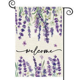 Baccessor Spring Summer Welcome Floral Garden Flag 12.5 x 18 Inch Double Sided Burlap Lavender Purple Flower Farmhouse Easter Small Yard Flag Holiday Seasonal Outdoor Outside Decoration