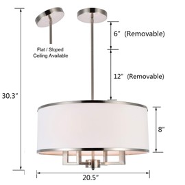 A1A9 Classic 4-Light Drum Pendant Lighting Fixture, 20'' White Fabric Shade, Vertical Rod Semi Flush Mount Ceiling Lights, Brushed Nickel Chandelier for Foyer Entryway Hallway Dining Room