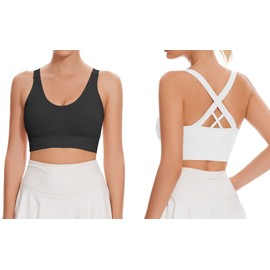 Nabawa Sports Bra for Women Unpadded Medium Support Criss Cross Back Strappy Sports Bras Seamless High Impact Yoga Workout Bra Gym Activewear Top,Black*White