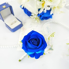 Floinla Royal Blue White Corsage and Boutonniere Set for Wedding Prom, Artificial Rose Flower Wrist Corsage Bracelets, Homecoming Corsage Wristlet, Boutonniere for Men Wedding Suit Decorations