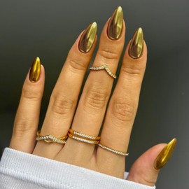 Chrome Gold Press on Nails Medium Almond, KQueenest Mirror Metal Stiletto Fake Acrylic Nails with Bling Design, Cute Medium Glue on Nails for Party Wear, False Nails Press ons in24 Pcs