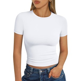 AUTOMET Womens Short Sleeve T Shirts Basic Summer 2025 Workout Tops Crew Neck Gym Crop Tops Trendy Y2K Clothes White 2XL