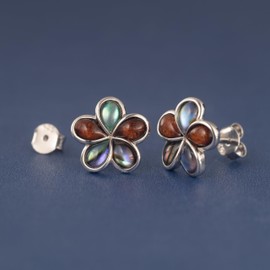 925 Sterling Silver Koa Wood and Abalone Shell Hawaiian Mauka to Makai Plumeria Flower Stud Post Earrings, Nickel Free Hypoallergenic for Sensitive Skin, Gift Box Included (8mm, Koa Wood & Abalone Shell)