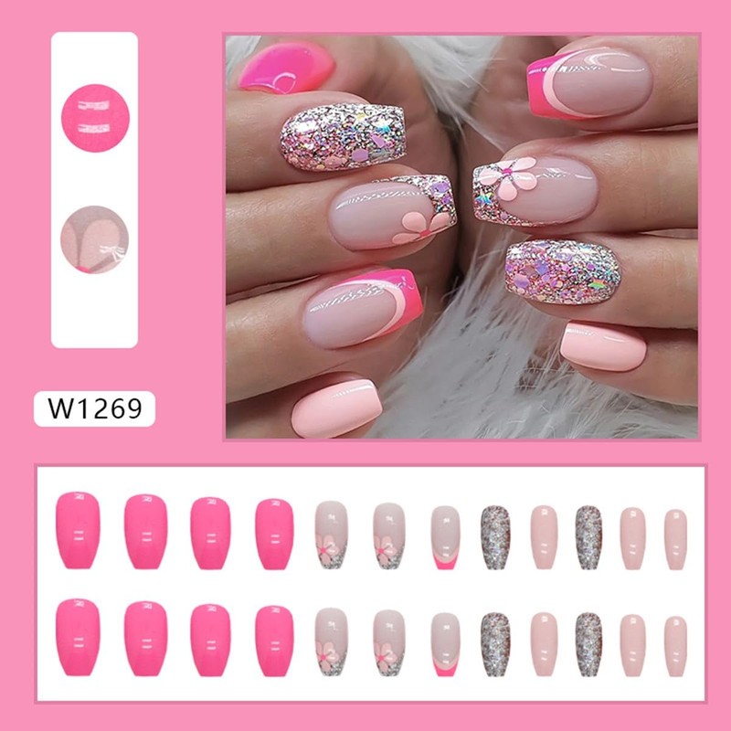 Coffin Press on Nails Medium Fake Nails Pink False Nails