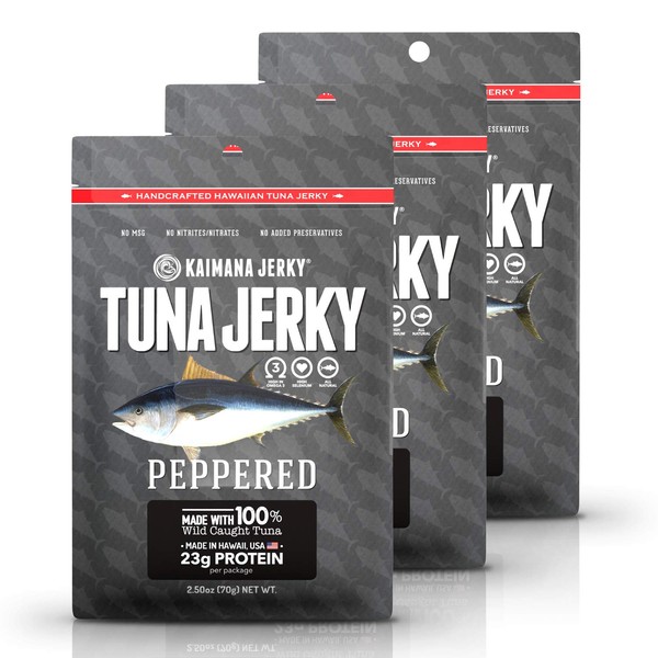 Kaimana Wild-Caught Ahi Tuna Jerky - Peppered | Rich in Omega-3s & High in Protein | All-Natural & Organic Fish Jerky (3 pack, 2 oz)