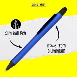 Online ballpoint pen, retractable ball pen made out of aluminum, stylus-tip, replaceable refill, premium writing experience with blue writing colour, durable design, colour blue