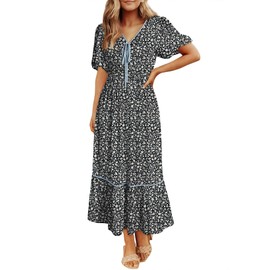 Dokotoo Boho Maxi Summer Dresses for Women 2025 Casual Spring Floral Print Front Tie Vneck Dress Elasticity Short Sleeve Smocked Empire Waist Long Dresses for Women Black Floral Medium