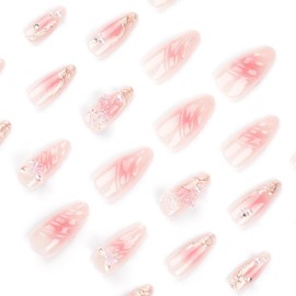 Ombre Pink Press on Nails Medium Almond False Nails with Flower Butterfly Charm Design Pearl Fake Nails Water Ripple Glue on Nails Glossy Reusable Summer Stick on Nails for Women Girls Manicure 24Pcs