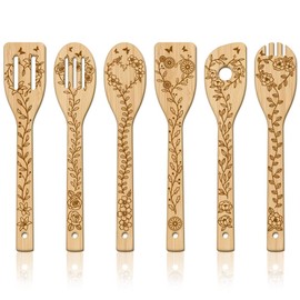 GLOBLELAND Set of 6 Leaves and Flowers Bamboo Cooking Utensils Wooden Cooking Spoon Set with Engraving Lilies Roses Daisy Kitchen Spatula Set Made of Bamboo Wooden Cooking Spoon for Kitchen