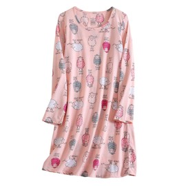 CHUNG Women Nightdress Ladies Nightie Long Sleeve Crew Neck Cotton Sleepwear Cute Pattern Print Loungwear Spring Summer PinkSheep M