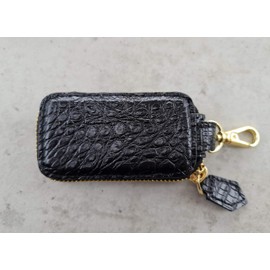 [vinacreations] Crocodile Belly Skin Car Key Holder Metal Hook Zipper Bag Remote Key Fob Leather Made in Vietnam, Black