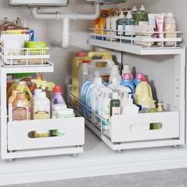 Biboraya Under Sink Organizer Upgrade To Professional Rails,2-Tier Dual Pull Out Cabinet Storage,Height Adjustable Slide Out Drawers For Bathroom Kitchen,2 Pack-21"Dx12.8"-16.9"H,White