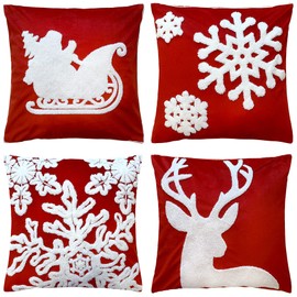 WOMHOPE Christmas Throw Pillow Covers Velvet Embroidery Vintage Cushion Covers for Decoration Sofa Couch Bed Santa Deer Snowflake (Red (Pack of 4))
