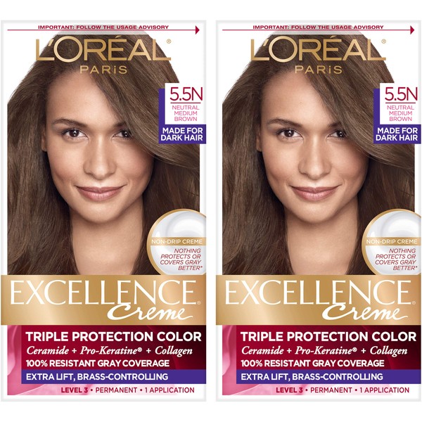 L'Oreal Paris Excellence Creme Permanent Hair Color, 5.5N Medium Neutral Brown, 100 percent Gray Coverage Hair Dye, Pack of 2