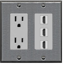 RiteAV - 15 Amp Power Outlet 3 Port HDMI Decorative Wall Plate - Stainless Steel