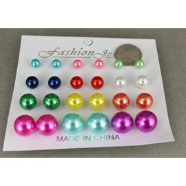 12 Pair Earrings Plastic Faux Pearl Bead Ball Stud Post Metallic Colors Adorable Statement Jewelry Earrings for Women