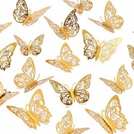 Pack of 36 3D Butterfly Wall Stickers, Hollow Butterfly Stickers, 3 Sizes, Butterfly Decoration Wall Sticker, Removable Wall Sticker, Home Decoration, Wall Decoration, DIY Wall Sticker (Gold)