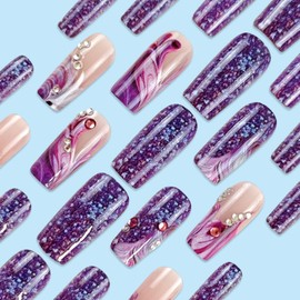 MIXFOSAHN Art Press on Nails Medium Coffin Fake Nails Purple Glitter Starlit Sky False Nails with Pearl Designs Glossy Full Cover Stick on Nails Glue on Nails Acrylic Nails for Women Girls 24 Pcs
