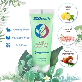 EcoEarth Travel Size Shampoo Conditioner 2-in-1 (0.5 fl oz, 100 PK, Spring Breeze) Delight Your Guests w/Revitalizing & Refreshing Conditioning Shampoo Amenities, Small Size Hotel Toiletries in Bulk