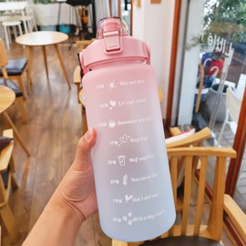 kyaoayo 2L Drinking Bottle, Large Bottle, Motivational Bottle, with Straw and Time Marking, Drinkable and Sealable, for Bicycle, School, Gym. (Pink)