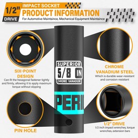 Aiourx 1/2" Drive Impact Socket, 5/8 inch Deep Socket, SAE, 6 Point, CR-V, for Car Repair, Loosen the Fastening Nut