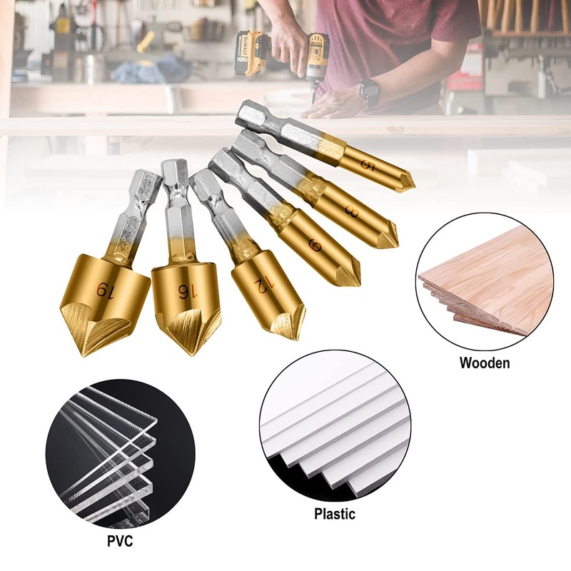 6-Piece HSS Countersink Drill Bit Set 90 Degree Chamfer Countersink