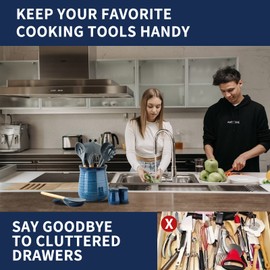 Hasense Large Utensil Holder Crock for Kitchen Counter, 7.1" Ceramic Cooking Utensil Organizer for Countertop, Farmhouse Vintage Utensil Caddy for Spatula Spoon, Rustic Home Table Decor, Blue