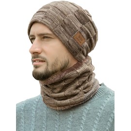 LCZTN Mens Winter Beanie Hat Scarf Set Warm Fleece Lined Knit Ski Hats Slouchy Skull Cap for Unisex Gift (Khaki)