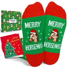 HAPPYPOP Christmas Gifts for Kids - Green Christmas Xmas Stocking Stuffers Horse Socks 7-9 Years Old with Greeting Card